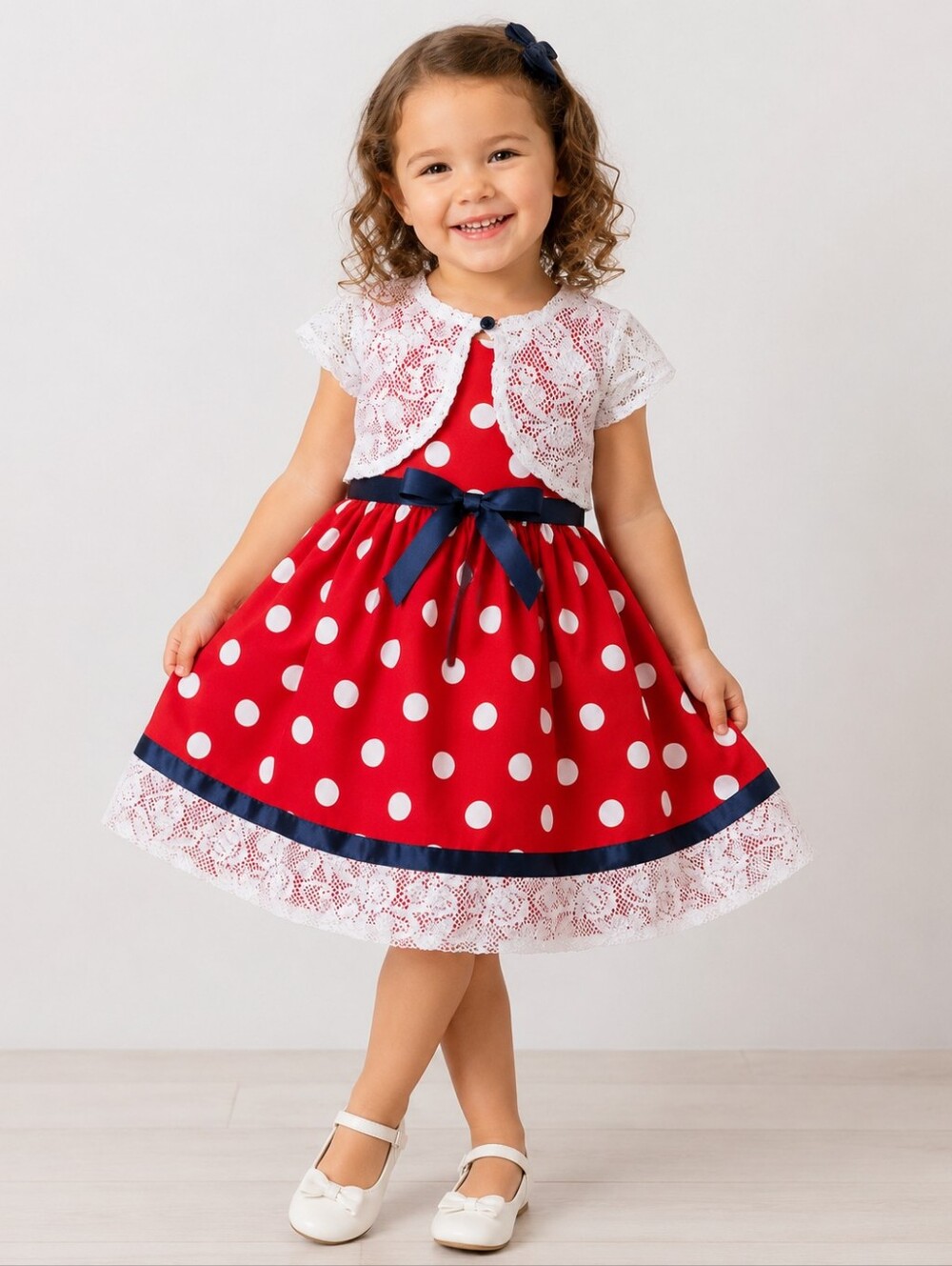 Bonnie Jean Girls Size 5 Red Polka Dot Lace Dress Navy Bow Tulle Minnie Mouse
